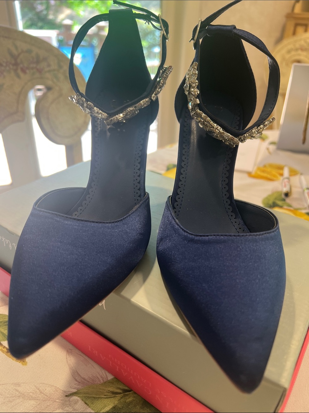New, Navy Pointed-Toe Ankle-Strap Stiletto Heels with Crystal Accent - Picture 7 of 10